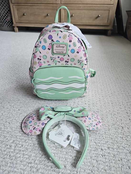 Loungefly Handbags - Rare Loungefly Macaron Print Pink & Mint Mini Backpack with Ears Headband